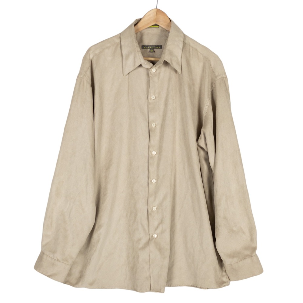 Kenneth Cole Reaction Shirt Mens XL 34/35 Sleeve Beige Microfiber